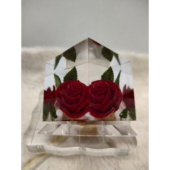 Vintage Bircraft Lucite Acrylic CUBE PAPERWEIGHT SCULPTURE Red Rose Enclosed - Picture 5 of 13